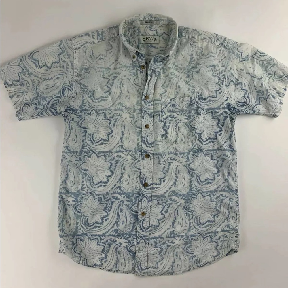 Orvis Men's M Button Down S/S Shirt Blue Floral